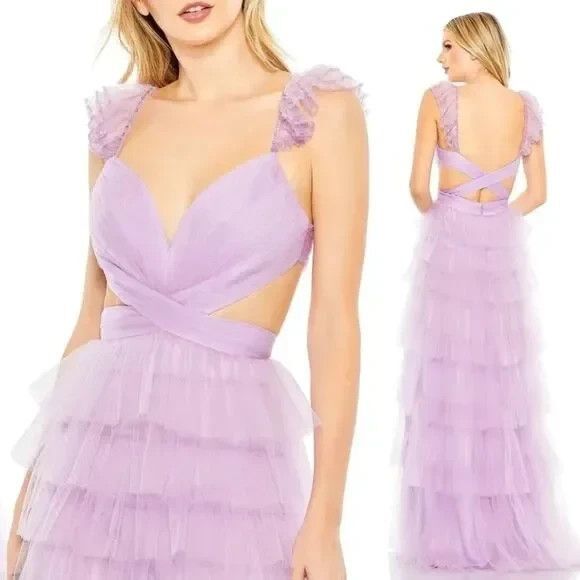 NWT Mac Duggal Maxi Dress 50670 Lavender Lilac Ruffle Tiered Tulle Cutout sz 12 - Picture 1 of 8